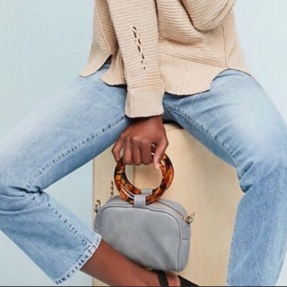 Anthropologie Light Gray Mini Handbag with Tortoiseshell Ring Handle